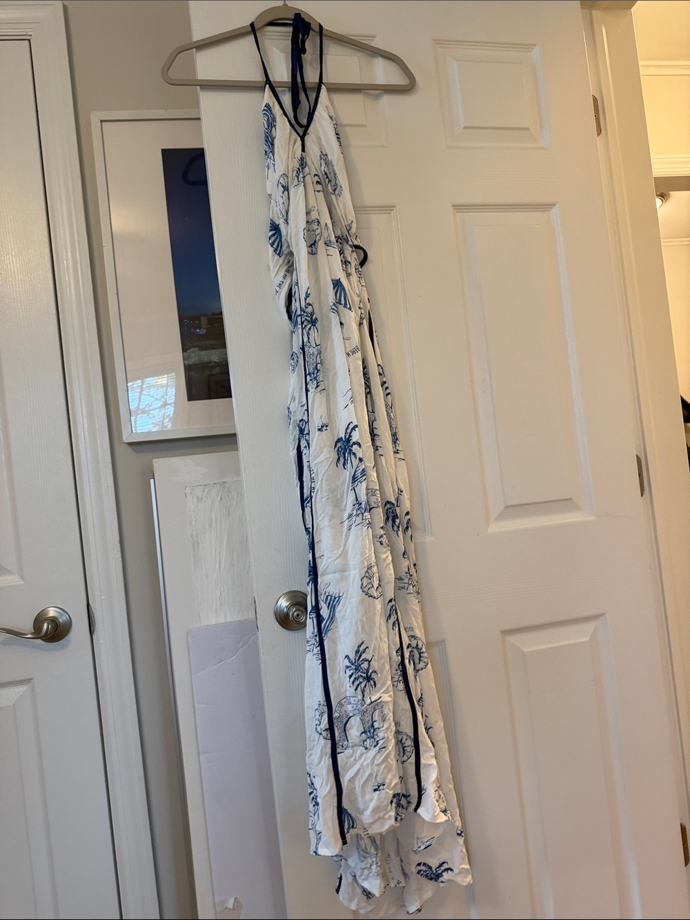 White & Navy Tropical Print Maxi Dress